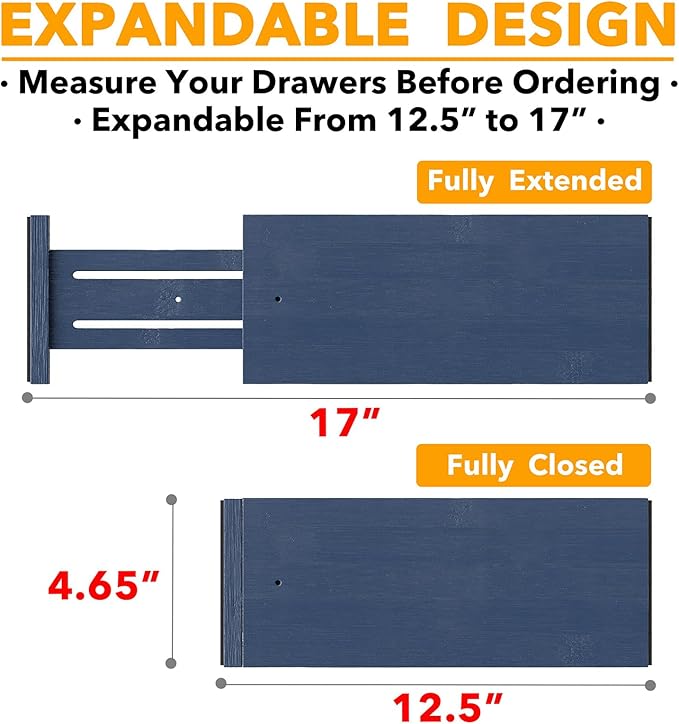SpaceAid Bamboo Dresser Drawer Dividers 6 Pack, 4.65“ High Adjustable 12.5“-17” Drawer Organizers, Expandable Organization for Clothing, Clothes, Dressers, Navy Blue