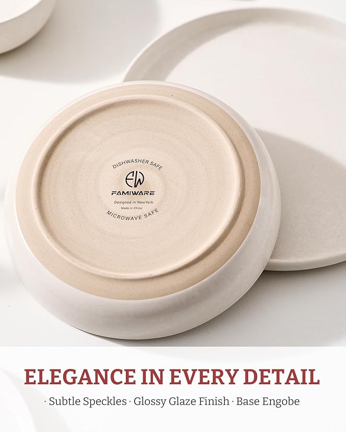 famiware Milkyway Pasta Bowls Set of 4, 8.5" Large Salad Bowls, Double Reactive Glaze, Sturdy & Stackable, Ideal for Housewarming, Festivals, Matte White