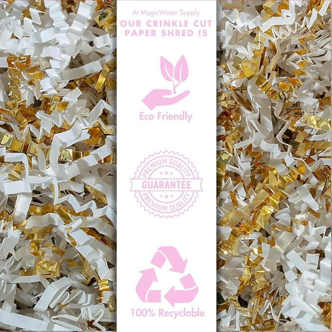 MagicWater Crinkle Cut Paper for Gift Baskets - 2LB - White & Gold - Perfect for Shredded Paper Filler, Basket Filler, Gift Boxes, Bridesmaid Gifts, Halloween Stuffers & More – Ideal for All Occasions