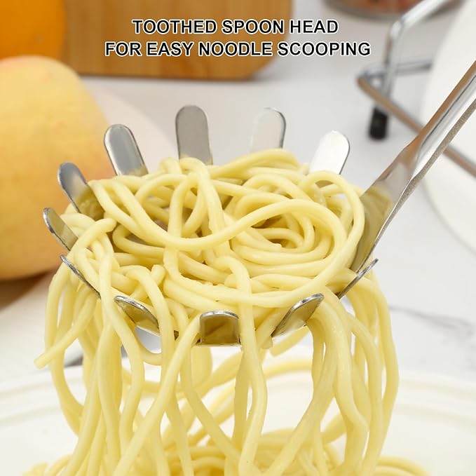 Pleafind Spaghetti Spoon, One-Piece Stainless Steel Pasta Spoon, 13-Inch Comfort Grip Design Pasta Scoop, Spaghetti Strainer with Teeth, Silver Pasta Server Utensil