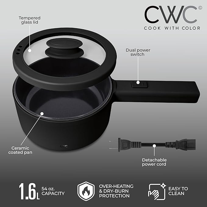 COOK WITH COLOR Electric Hot Pot, 1.6L Mini Cooker, 700W Power, Non-Stick Surface, Thermal Cut-Out Protection, Perfect for Rice, Noodles, Soups, Stews, Dorms, Apartments, and Small Kitchens, Black