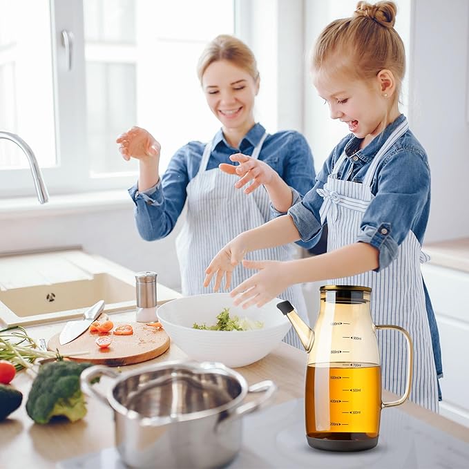 Large Glass Oil Dispenser Bottle for Kitchen Cooking Recipiente Para Aceite De Cocina Olive Oil Vinegar Dispenser Cruet Stainless Steel Lid No Drip Liquid Container (Champagne, 27oz / 800ml)