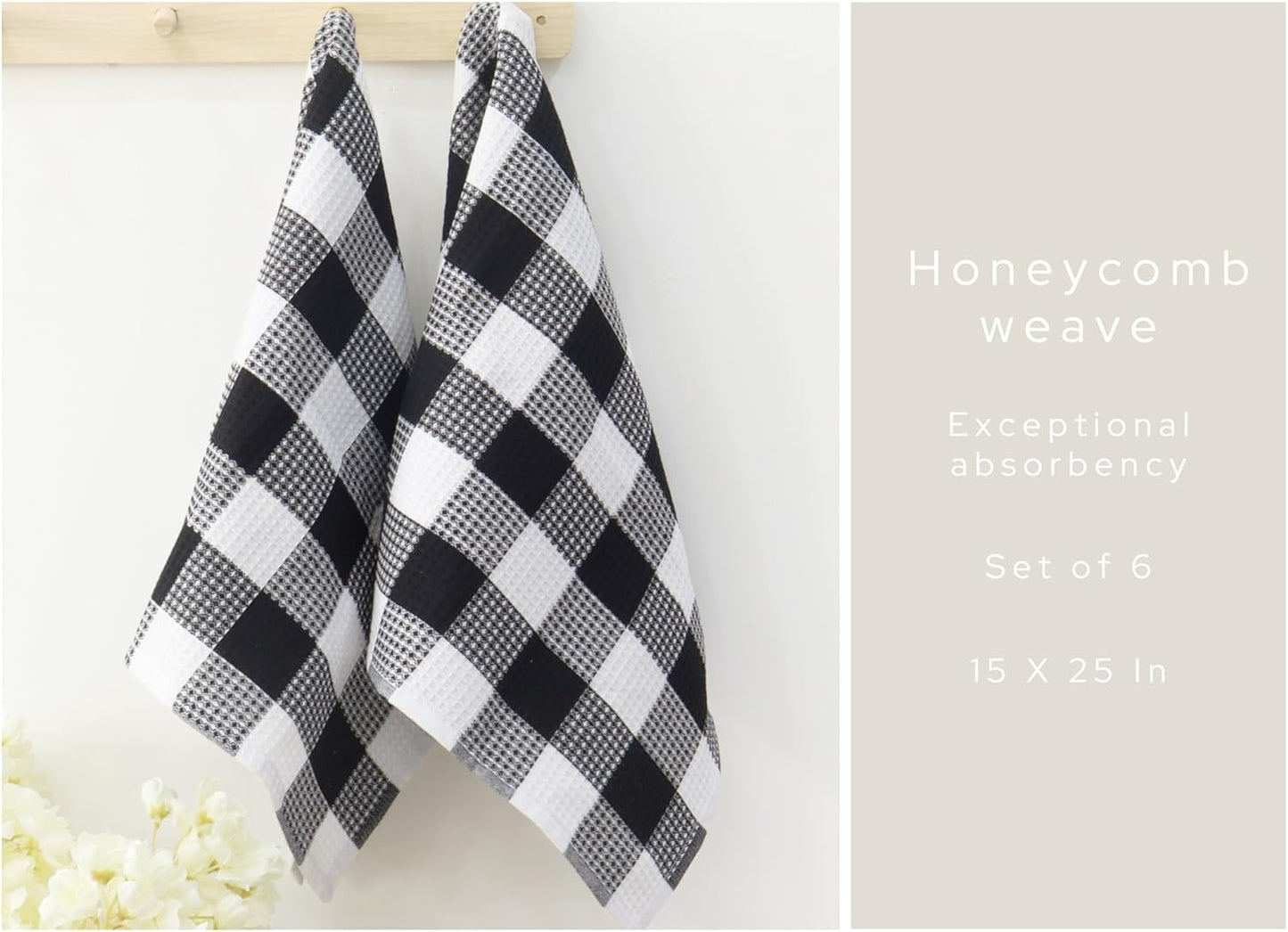 PurpleEssences 100% Cotton Waffle Weave Check Plaid Kitchen Towels, Super Soft and Absorbent Dish Towels for Drying Dishes 15 x 25-6 Pack - Spring Summer - Black and White