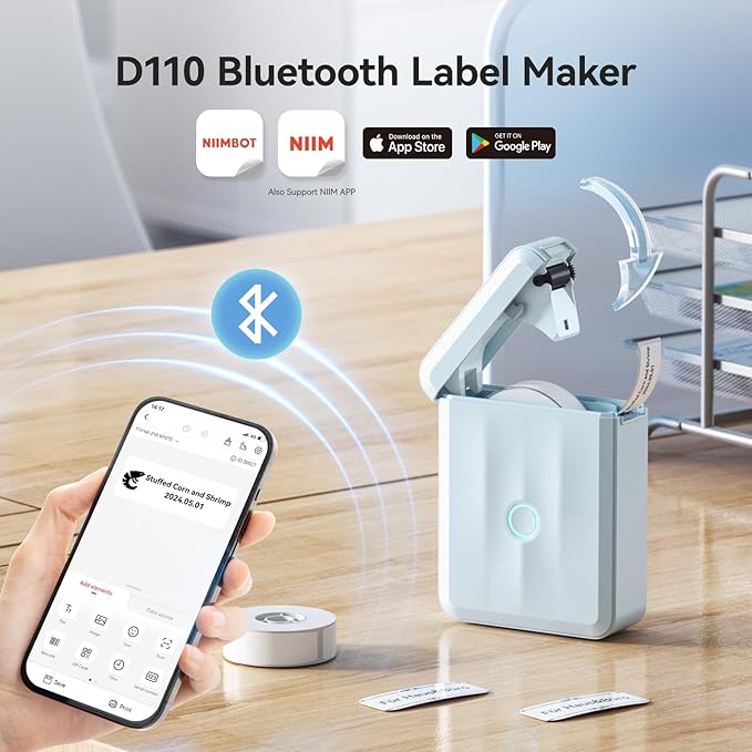 NIIMBOT D110 New Version Label Maker Machine with Tape, Handheld Bluetooth Label Printer, Mini Thermal Printer, Sticker Maker for Organizing Home Kitchen School, Blue
