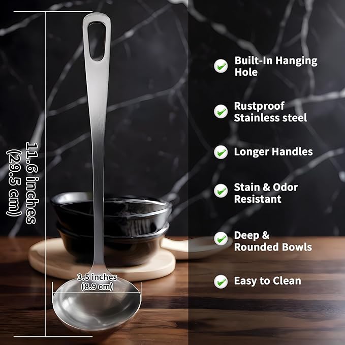 Stainless Steel Soup Ladle Spoon with Comfortable Grip - Cooking and Serving Spoon for Soup, Chili, Gravy, Salad Dressing- Great Cooking Spoon for Kitchen [Rustproof, Heat Resistance, Durable]