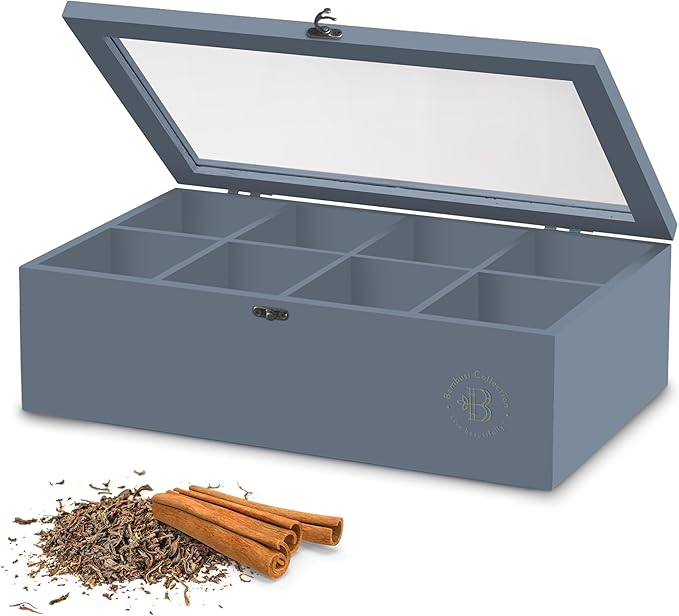 Bambsi Tea Bag Organizer - Bamboo Tea Box Organizer Storage Box, Tea Bag Holder with Acrylic Window, Magnetic Lid Keeps Tea Bags Fresh - Tea Organizer Caddy (Tea Not Included) Christmas Gift - Grey