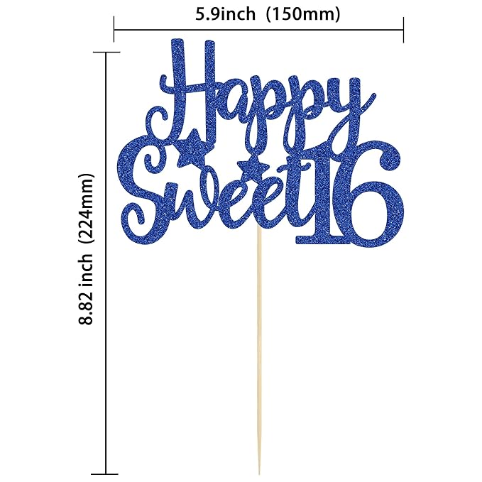 Gyufise 1Pc Happy Sweet 16 Cake Topper Blue Glitter Sweet 16 Birthday Cake Decoration Happy 16th Birthday Decorations for Girls Boys Party Supplies