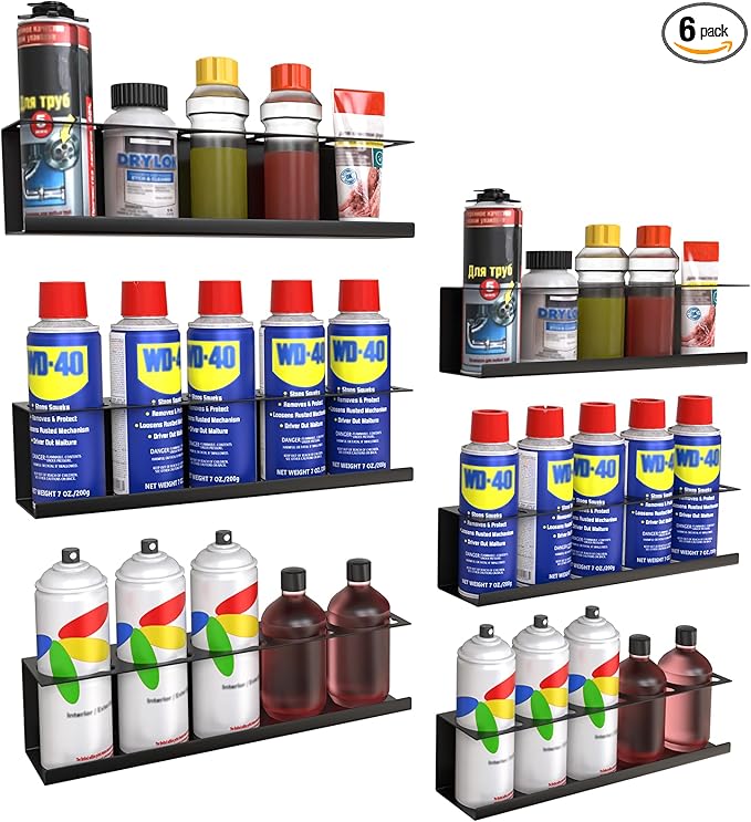 6 Pack Spray Bottle Holder Wall-Mounted, Aerosol Spray Can Holder Storage Rack, Heavy-Duty Paint Bottle Organizer with 30 Holes, Steel Black Spray Rack for Garage, Shop, Home or Tool Trailer