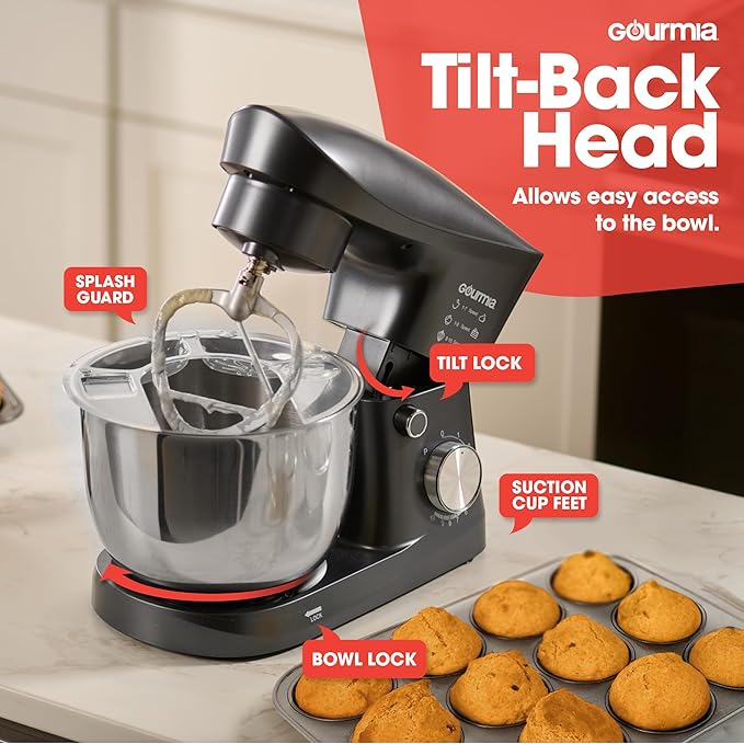 Gourmia 5 Quart 10-Speed Electric Stand Mixer with Bowl + Shield, Dough Hook, Whisk and Beater - Household Kitchen Standing Dough Maker Machine