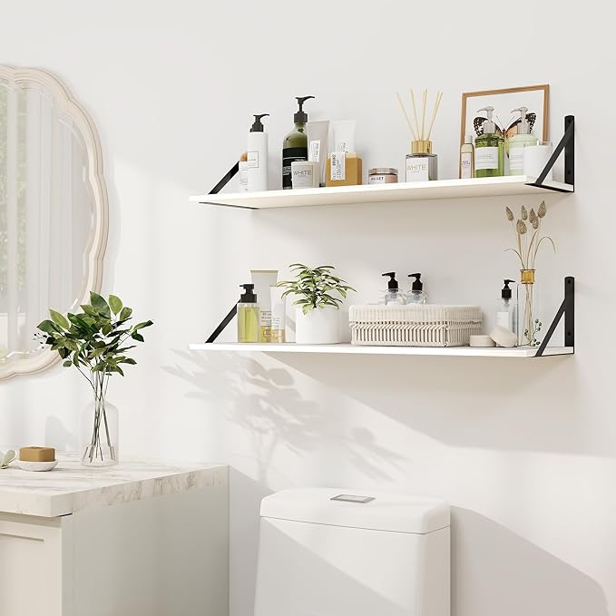 Heimlove White Deep Floating Shelves for Wall, 30W x 8D Wood Wall Shelves Set of 2, Wide Floating Bookshelf for Living Room, Kitchen, Office, Bedroom and Decor Storage, with Black Bracket - White