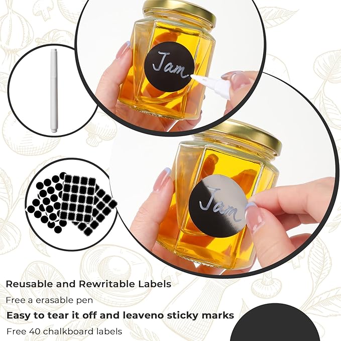 6 oz Hexagon Glass Jars with Gold Lids, 30 Pcs Canning Jars for Jam, Honey, Jelly, Candy, Candle, Wedding Favors, Baby Shower Favors, Spice Jars Crafts with Stickers and Pen for Labeling