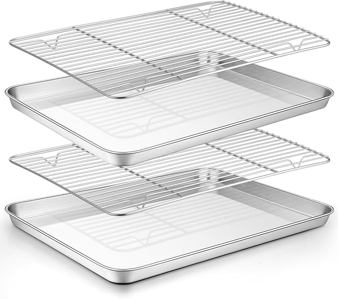 TeamFar Baking Sheet with Rack Set (2 Pans + 2 Racks), Stainless Steel Baking Pan Cookie Sheet for baking, Non Toxic & Healthy, Easy Clean & Dishwasher Safe - 4 Pack