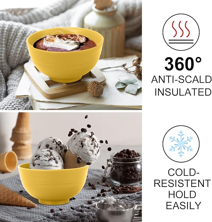 wheat straw icecream bowls 10oz set of 8 - Unbreakable Dessert Bowls Freezer Safe - Small Bowls for Yogurt,Snack and Fruits. Yellow