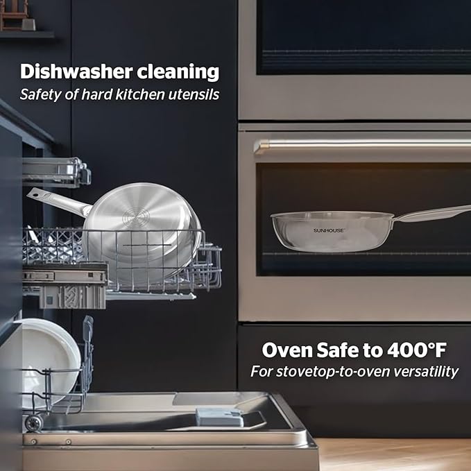 Sunhouse 18/10 11 Inch Stainless Steel Frying Pan, Whole-Clad No Coatings Skillet with Stay-cool Handle for Cooking, Durable & Oven Safe to 500°F, Dishwasher Safe, Compatible with All Cooktops