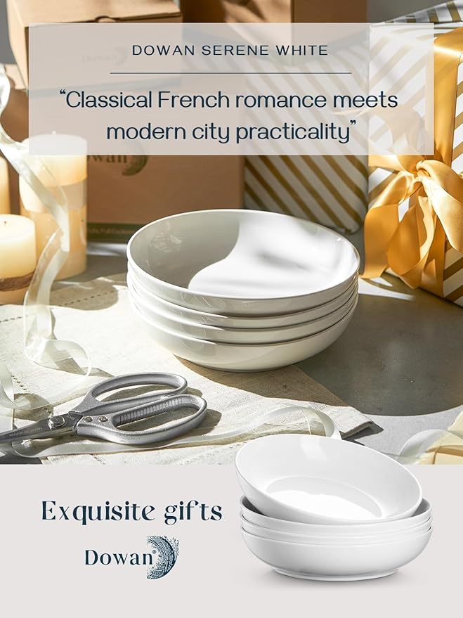 DOWAN 8.5" Pasta Bowls Set of 4, 30oz White Ceramic Shallow Dinner Bowls for Salad, Soup & Pasta, Stackable and Easy to Clean, Ideal for Everyday Use & Housewarming Gift