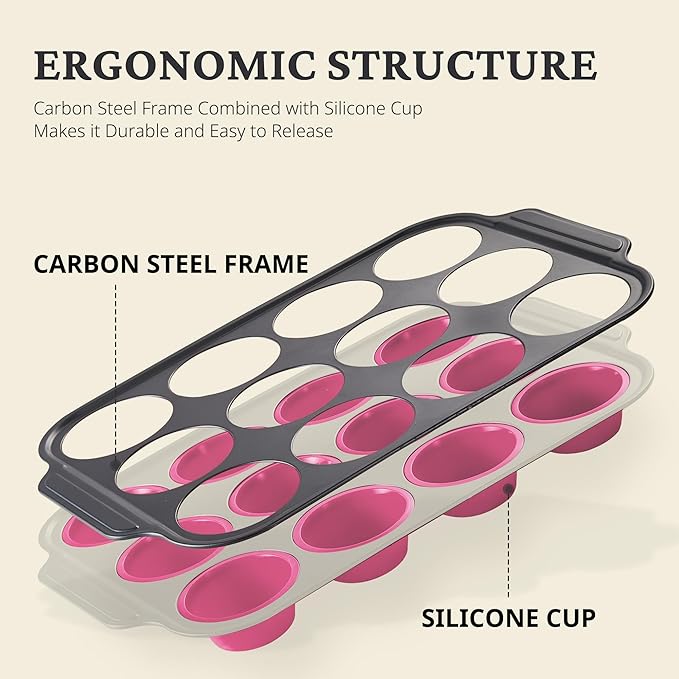 BRONYPRO Silicone Muffin Pans for Baking with Metal Frame, Egg Bite Molds, Cupcake Pans 12 Regular Size, Muffin Tins Easy to Pop Nonstick Non Toxic Bakeware for Oven,Rose Pink