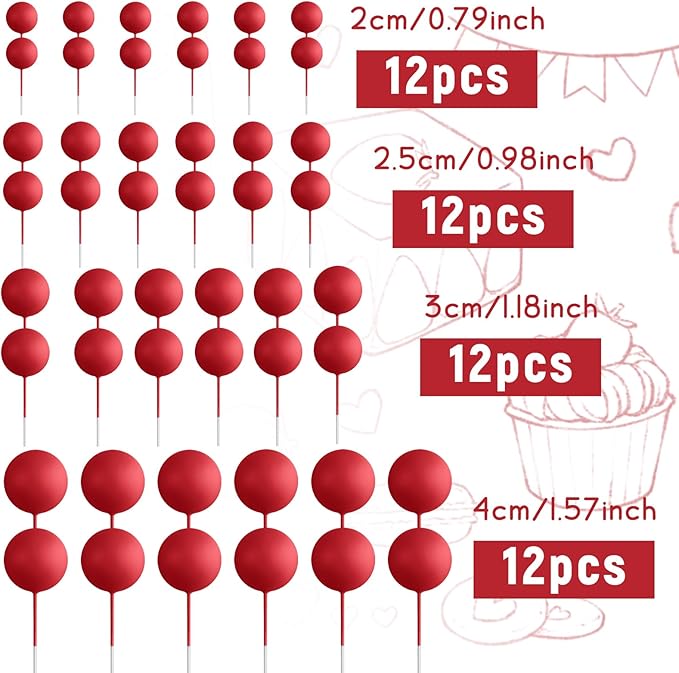 48 Pcs Balls Cake Topper Decorations Balloon Cupcake Toppers Foam Cake Topper Balls Cake Balls Decorations for Birthday Party Wedding Anniversary Cake Decorating (Red)