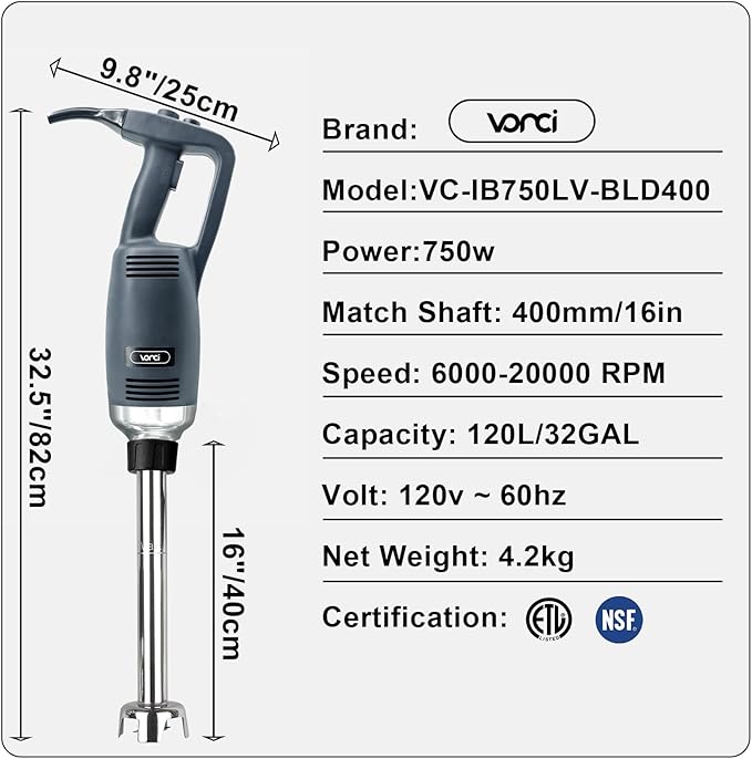 VONCI 750W Commercial Immersion Blender, Electric Hand Blender with 16" Detachable Shaft, Variable Speed 8000-19000RPM,Industrial Immersion Blender for Restaurant Kitchen.Extra Heavy Duty Hand Mixer.