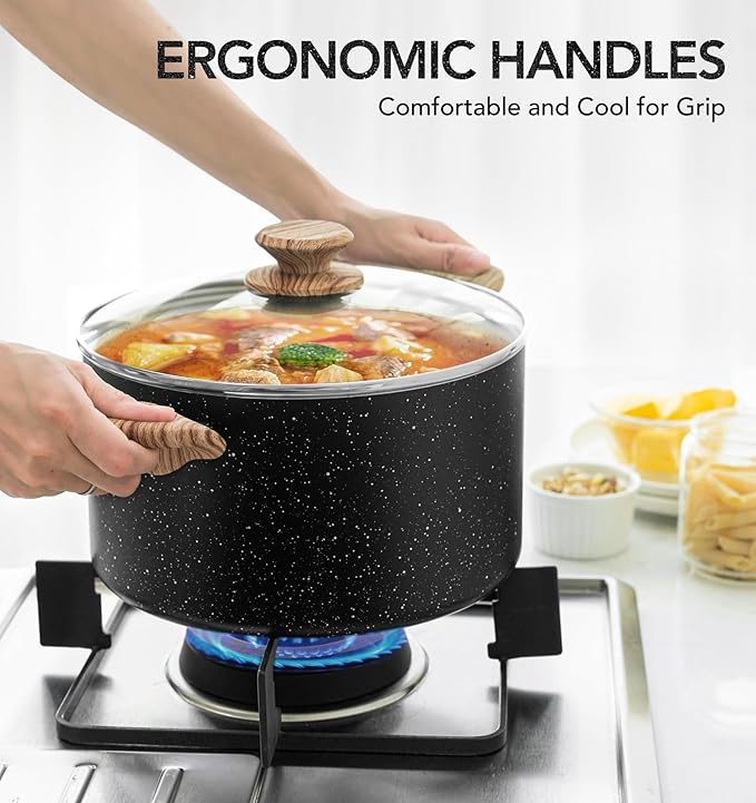 MICHELANGELO Stock Pot with Lid, 5 Quart Cooking Pot Nonstick, Granite Soup Pots with Lid, Induction Pot with Stay-cool Handle, 5 Qt Stockpot Non Stick Pots Black