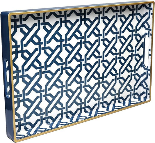 Spsyrine White Serving Tray, Plastic Marbling Tray for Coffee Table, Stylish Rectangular Decorative Tray with Handles, Ottoman Tray for Living Room, Bathroom, 15.6” X 10.2"