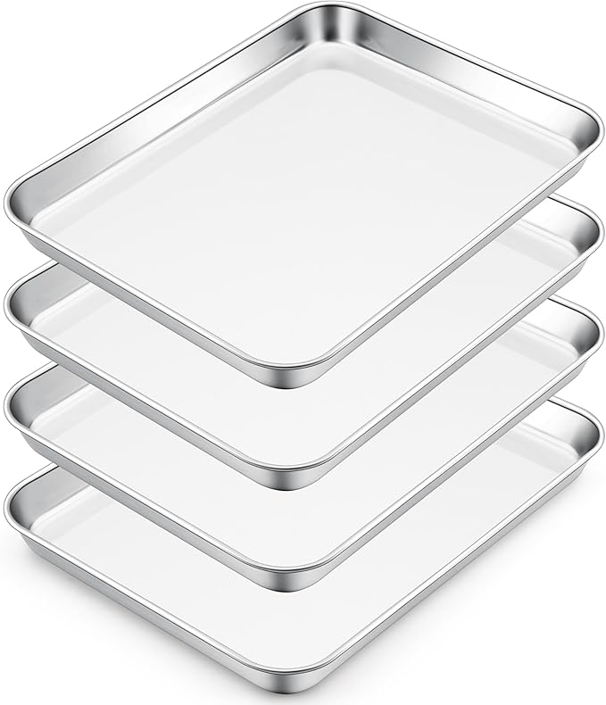 E-far Small Baking Sheet Set of 4, 10.5”x8.3” Stainless Steel Cookie Sheets Pans, Compact Non-toxic Metal Toaster Oven Trays for Cake, Healthy & Rust Free, Mirror Finish & Dishwasher Safe
