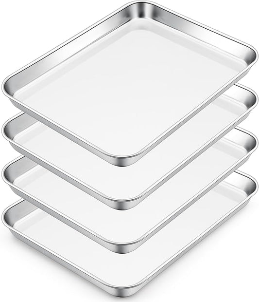 E-far Small Baking Sheet Set of 4, 10.5”x8.3” Stainless Steel Cookie Sheets Pans, Compact Non-toxic Metal Toaster Oven Trays for Cake, Healthy & Rust Free, Mirror Finish & Dishwasher Safe
