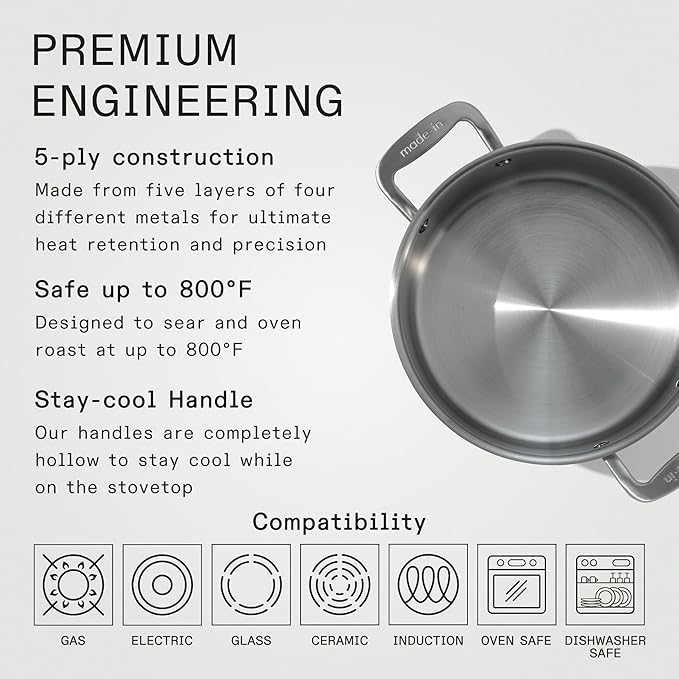 Made In Cookware - 6 Quart Stainless Steel Stock Pot With Lid - 5 Ply Stainless Clad - Professional Cookware - Crafted in Italy - Induction Compatible