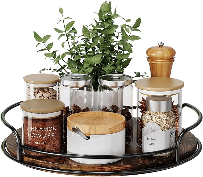 LAMU Lazy Susan Organizer, 9'' Lazy Susan Turntable for Cabinet, Table Top, Kitchen, Countertop, Bathroom, Pantry, Spice Organization, Wooden,1 Pack