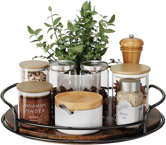 LAMU Lazy Susan Organizer, 9'' Lazy Susan Turntable for Cabinet, Table Top, Kitchen, Countertop, Bathroom, Pantry, Spice Organization, Wooden,1 Pack