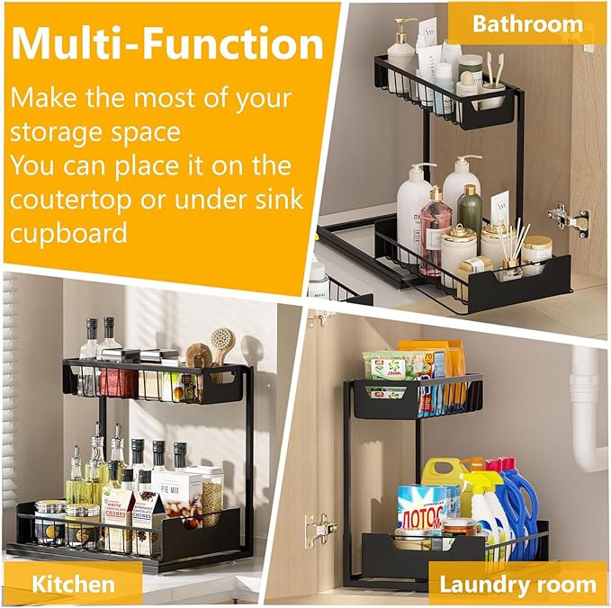 Under Kitchen Sink Organizers and Storage Pull Out 2 Tier Metal Bathroom Cabinet Organizer (Black, 2 Pack)
