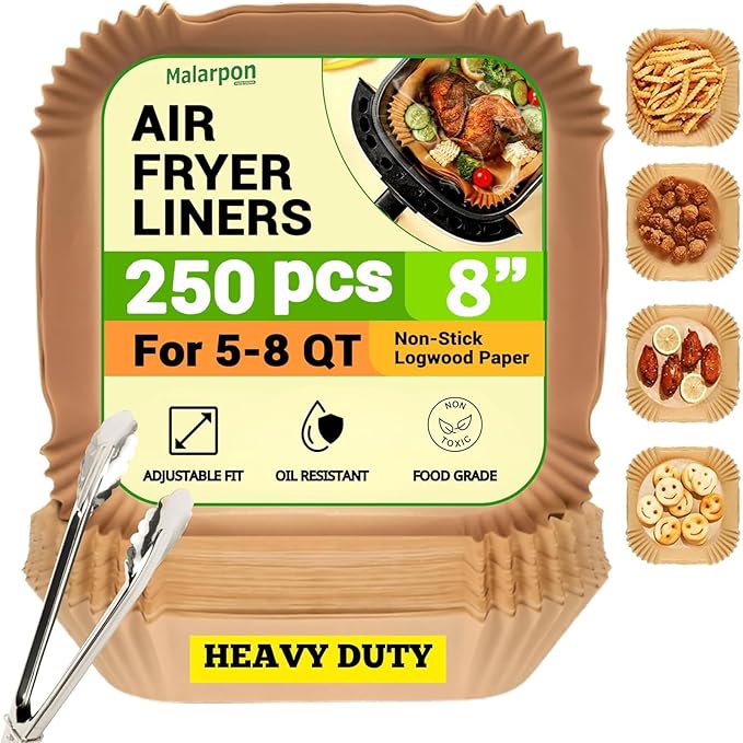 250 Pcs Air Fryer Liners Disposable 8 Inch Square - Paper Liner for 5-8 Qt, Non-Stick Oil-Resistant Parchment Paper for Ovens, Microwaves and Air Fryer Accessories