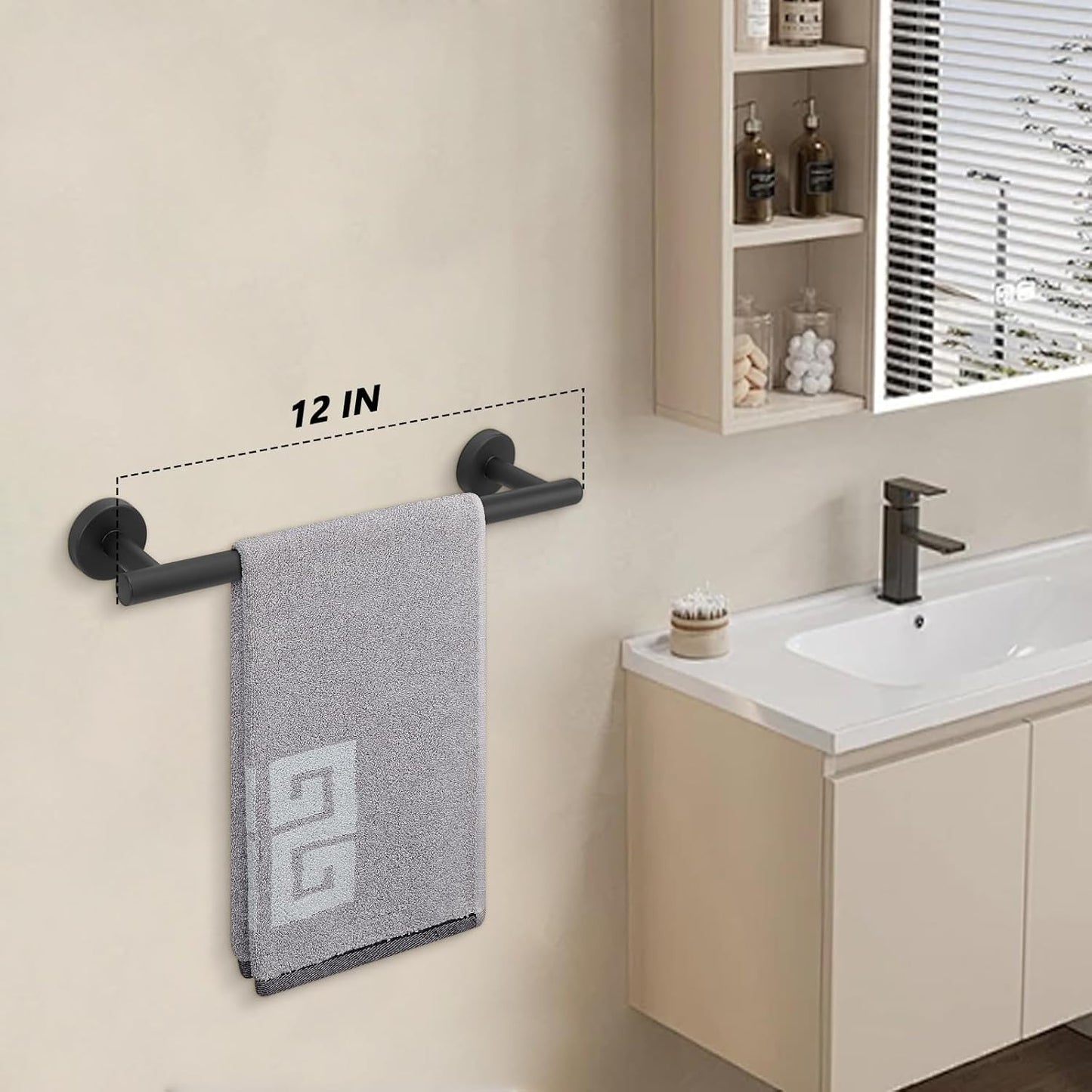 NearMoon Bath Towel Bar, Bath Accessories Thicken Stainless Steel Shower Towel Rack for Bathroom, Towel Holder Wall Mounted (1 Pack, Matte Black, 12 Inch)