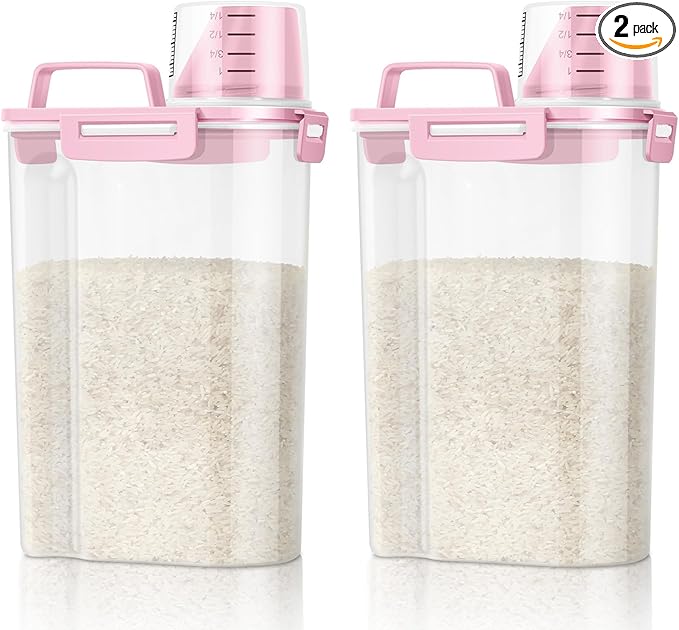 TBMax Rice Container 2 Pack 5 Lbs Cereal Container Storage, Kitchen Pantry Food Storage Holder with Cup, Small Pet Dog Cat Food Container -Pink