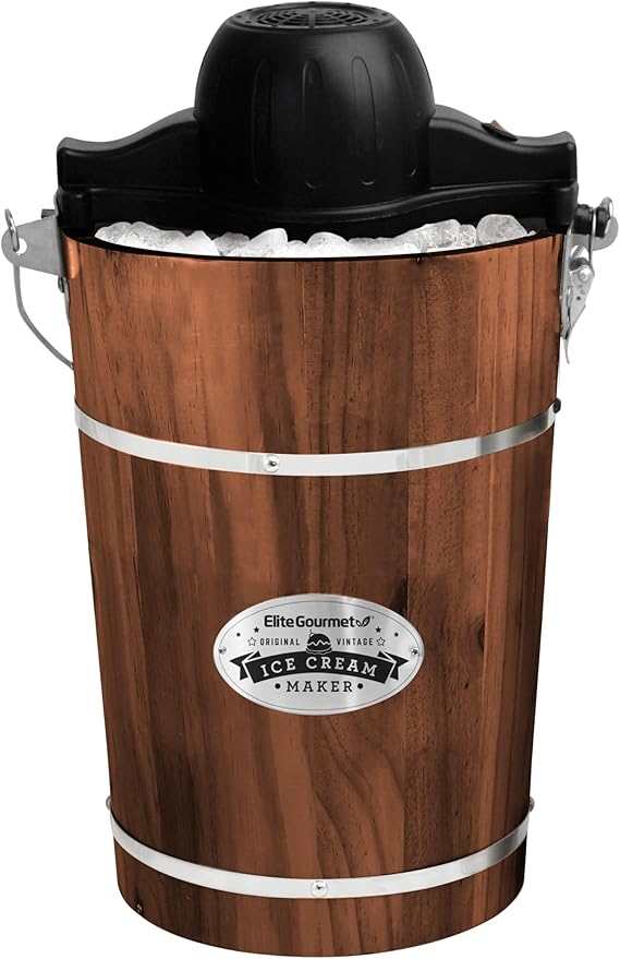 Elite Gourmet EIM949 Old Fashioned 6 Quart Vintage Walnut Wood Bucket, Electric Ice Cream Maker Machine Appalachian, Uses Ice and Rock Salt