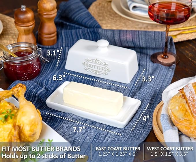 Covered Butter Dish with Lid - Elegant Engraved Butter Holder with Lid - Ceramic Butter Stick Holder Tray Holds Any Size Stick - Decorative Butter Keeper Container for Countertop & Fridge - 7.7" x 4"