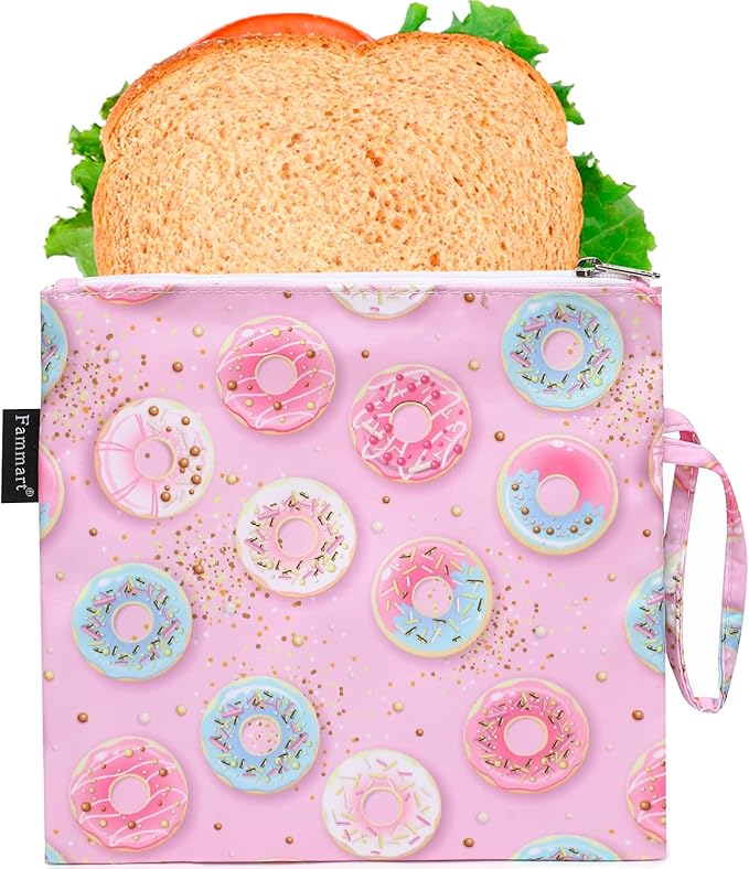 Reusable Sandwich Bag/Snack Bag for Kids & Adults, Dual Layer Lunch Bag with Handle, Washable, Food Safe, BPA Free (1-Pack, Colorful Donut)