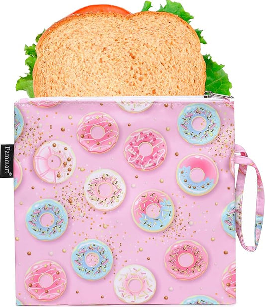Reusable Sandwich Bag/Snack Bag for Kids & Adults, Dual Layer Lunch Bag with Handle, Washable, Food Safe, BPA Free (1-Pack, Colorful Donut)