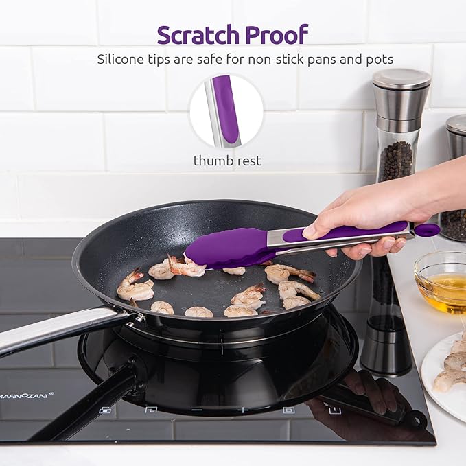 Heat Resistant Silicone Kitchen Tong: U-Taste 9 inch 480ºF Hot Proof Cooking Tong with Firm Sealed Non Stick Rubber Tips & Silicon Coated Steel Handle & Smooth Locking for Serving Grill Salad (Purple)