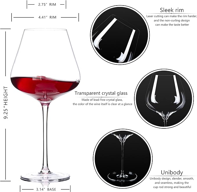 Hand Blown Red Wine Glasses Set of 4 – 23 oz Burgundy Wine Glasses With Long Stem – Large Premium Crystal Wine Glass – Unique Gift for Wedding, Anniversary, Mother’s Day – Clear