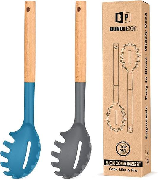 Pack of 2 Spaghetti Spoon, Silicone Pasta Fork with Wooden Handle, Heat Resistant Noodle Spoon Server, BPA Free Spaghetti Strainer(GRAY-BLUE)