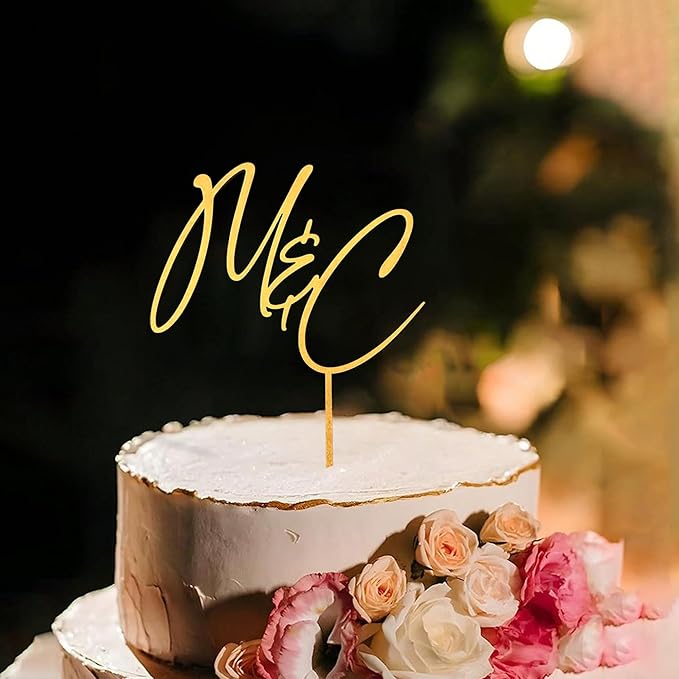 Personalized Wedding Cake Topper, Gold Cake Topper For Wedding, Rustic Weddings Cakes Topper, Personalized Acrylic or Wood Cake Decoration for Engagement, Anniversary, Bridal Shower 4