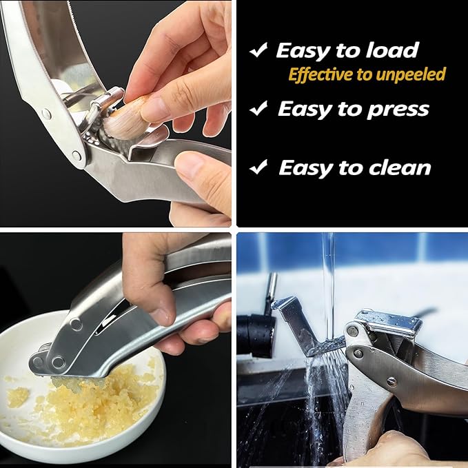 VOVOLY Premium Garlic Press Stainless Steel, No need to Peel Garlic Presser, Heavy Duty Professional Grade Double Lever-Assisted Garlic Mincer with High Capacity Chamber- Easier Clean Garlic Crusher