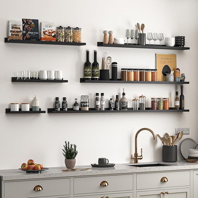 Heimlove Picture Ledge Shelf, Floating Shelves Set of 2, 56 Inches Picture Shelf for Wall with Ledge, Kids Bookshelf Wall Mounted for Living Room Bedroom Decor Books Photo Frames, Black