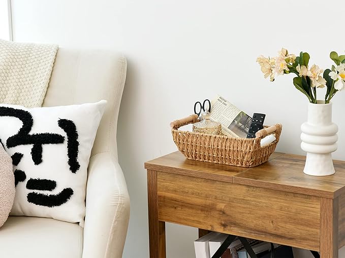 StorageWorks Hand-Woven Small Wicker Baskets, Round Paper Rope Storage Baskets with Wooden Handles, Light Brown, 2-Pack