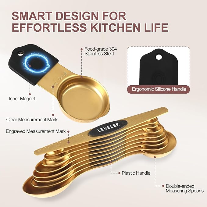 16-Piece Stainless Steel Measuring Cups and Spoons Set, Strong Magnetic Nesting Design 7 Cups 8 Spoons with Leveler, Double Measurement Markings for Dry & Liquid Ingredients, Gold
