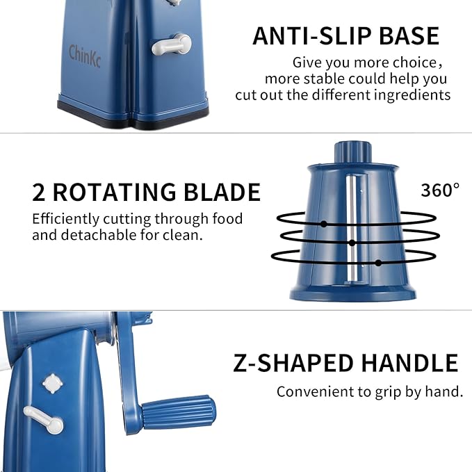 Rotary Cheese Grater Shredder - Upgraded 5 in 1 Cheese Grater with Handle and Strong Suction Base, Multi-purpose Julienne Slicer Ice Shaver Nuts Grinder for Ice, Vegetables, Fruit, Nuts