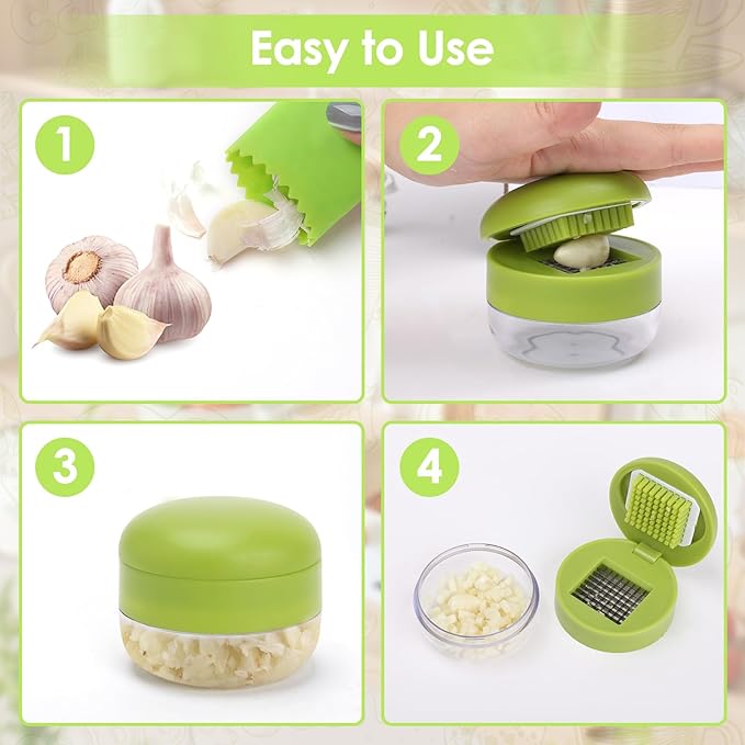 2 Pcs Garlic Press Set, Stainless Steel Garlics Crusher with Silicone Peeler and Cleaner Brush, Easy to Use Garlic Chopper for Shredded Garlic, Ginger, and Fruit