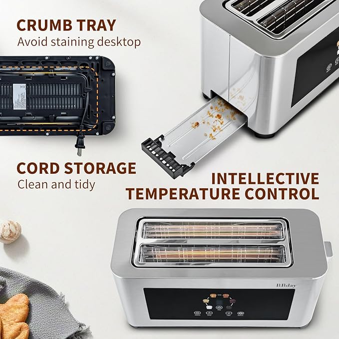 Toaster 4 slice with Touch Screen LCD Display, Extra Long Wide Slots Toaste, Smart Toaster with 6 Browning Levels, Defrost, Reheat & Removable Tray, Stainless Steel