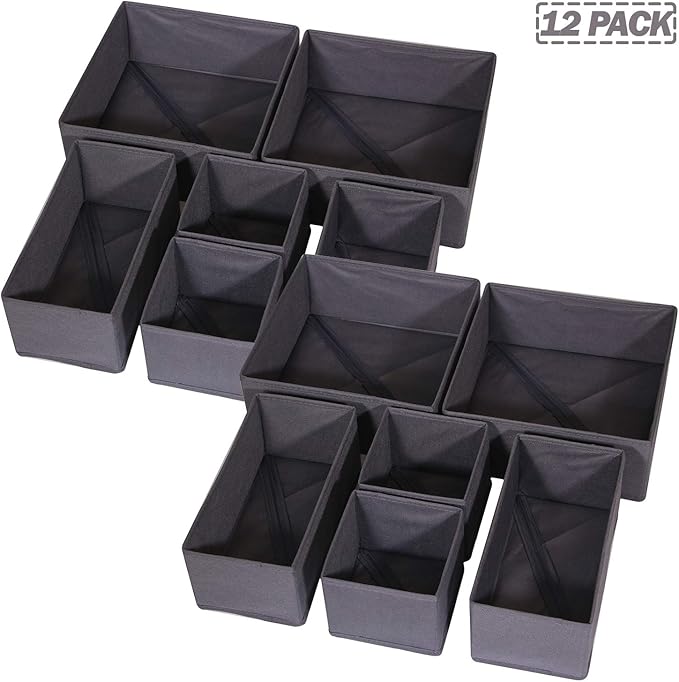 DIOMMELL 12 Pack Foldable Cloth Storage Box Closet Dresser Drawer Organizer Fabric Baskets Bins Containers Divider for Baby Clothes Underwear Bras Socks Lingerie Clothing,Dark Grey 444