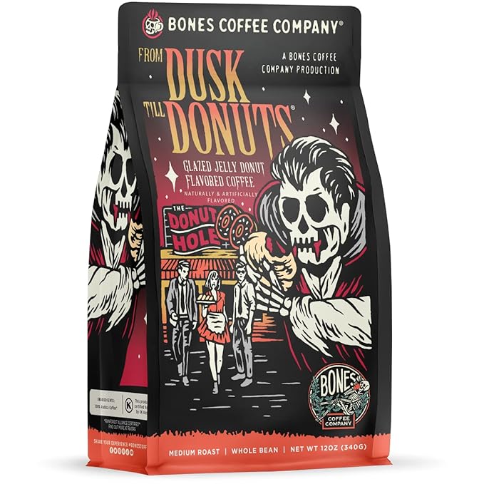 Bones Coffee Company From Dusk Till Donuts Jelly Donuts Flavored Coffee, Medium Roast Low Acid Arabica Beans Compatible with Auto drip and French Press Coffee Maker, 12 Oz Whole Bean